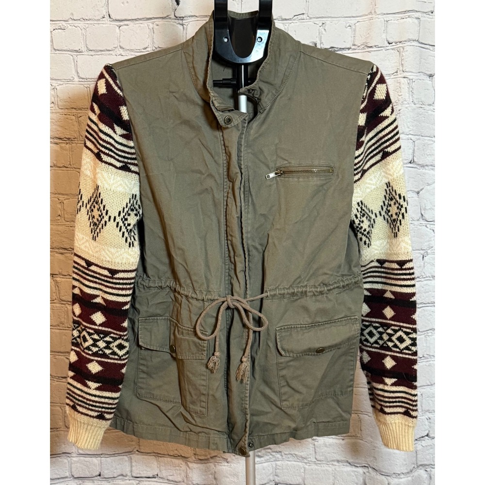 Miss Daisy Olive Green Utility Jacket Southwestern Knit Sleeves  Large